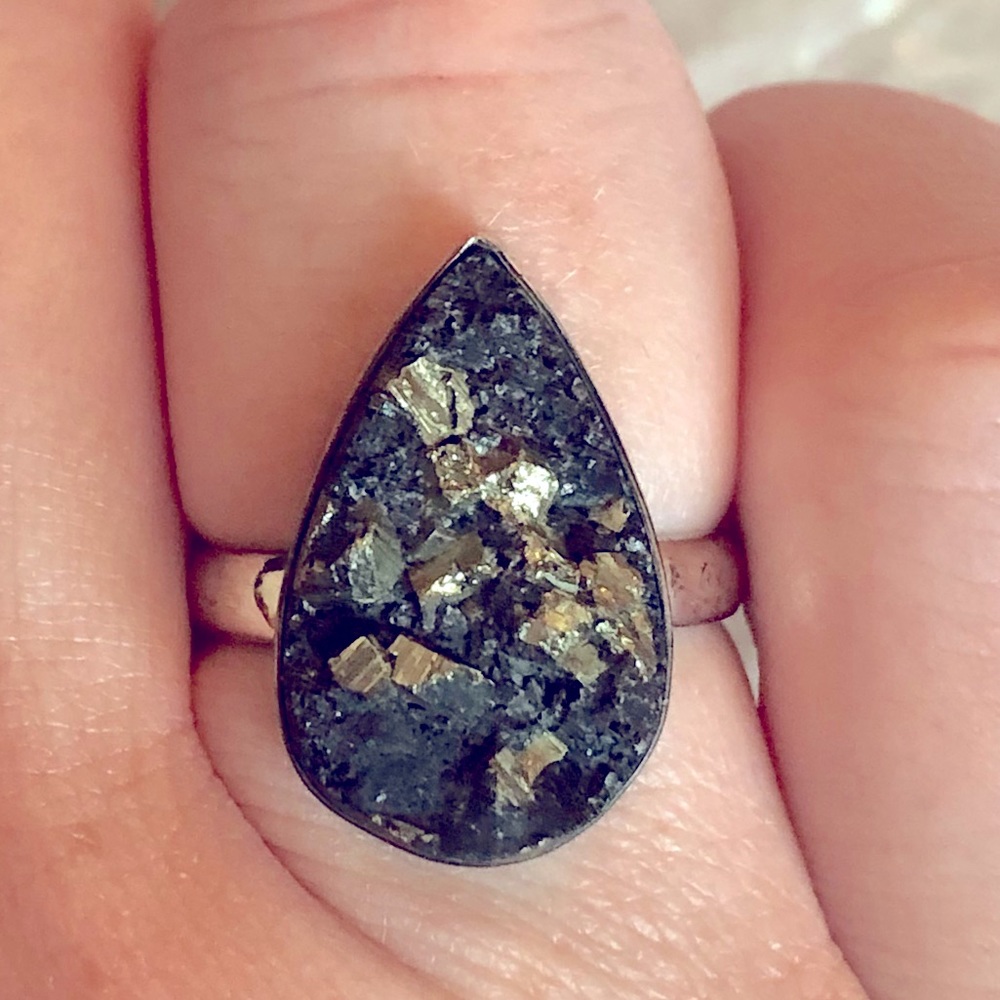 Sterling silver and genuine pyrite in black tourmaline ring size 9